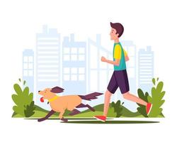 homem correndo ou andando com o cachorro no parque. esportes executados com um animal de estimação. conceito de corredores urbanos. ilustração vetorial em estilo simples de desenho animado. vetor