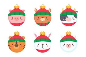 bola de natal com cara de animal usando um chapéu de lã vermelho para decoração de natal vetor