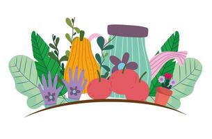 jardinagem, regador, luvas, flores, plantas, abóboras e maçãs vetor