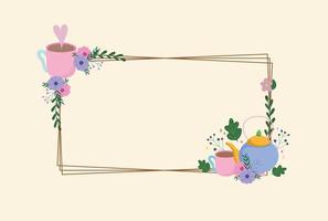 hora do chá, quadro delicado com folhas de decoração de flores de xícaras de chaleira vetor