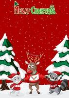 modelo de pôster de feliz natal com renas e amigos animais vetor