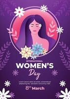 internacional mulheres dia com alegre mulher face, floral decoração, e roxa fundo. vetor