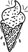 uma fofa gelo creme cone. doce Comida. vetor ilustração, desenhado à mão dentro a estilo do rabiscos. perfeito para vários desenhos, cartões postais, decorações, logotipos, menus.