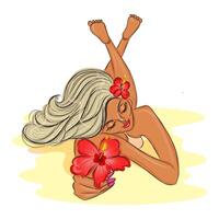 verão recorrer menina dentro bikini em a areia com vermelho havaiano flor moda vetor ilustração