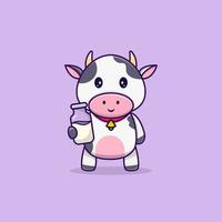 vaca fofa em pé e sorriso segurando a ilustração vetorial de desenho animado de leite vetor