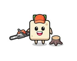 personagem lenhador de tofu segurando uma serra elétrica vetor
