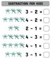 subtração jogos para crianças com fofa monstros. educacional matemática jogo. imprimível planilha Projeto. Aprendendo matemática. vetor