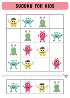 sudoku para crianças com monstros. crianças atividade Folha .diversão sudoku enigma com fofa monstros ilustração. crianças educacional atividade planilha. vetor