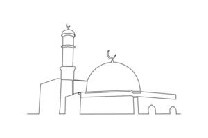 contínuo 1 linha desenhando kabaah alharam e mesquita conceito. rabisco vetor ilustração.