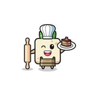tofu como mascote do chef pasteleiro segurando o rolo de massa vetor