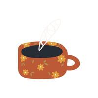 fofa copo com floral padrão, desenho animado plano vetor ilustração isolado em branco fundo. mão desenhado caneca com flores quente chá ou café.