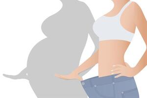 uma mulher dentro jeans mostra quão ela tem perdido peso, é em uma dieta, tem uma fino corpo, uma desportivo plano estômago, e a ideal cintura. fêmea figura vetor
