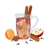 vinho quente isolado. ingredientes vinho tinto, canela, erva-doce, laranja, cravo e maçã. caneca de vidro com bebida quente de inverno. ilustração vetorial no fundo branco vetor