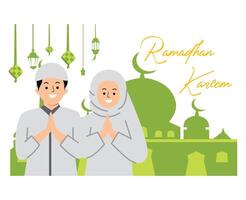 muçulmano casal desejando você uma feliz Ramadhan kareem ou eid al fitr cumprimento vetor