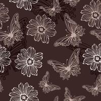 folhas, borboletas e flores desenhado à mão gráficos dentro bege tons. desatado padrões para tecido e embalagem Projeto. vetor
