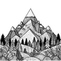 mão desenhado montanha e árvore coloração livro ilustração. Preto e branco montanha esboço ilustração vetor