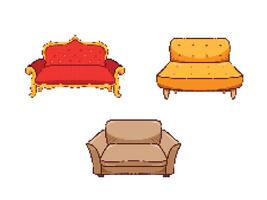 vetor desenhando conjunto coleção grupo do sofá e sofá. pixel mordeu retro jogos estilizado vetor ilustração mobília objetos. três diferente em forma do simples plano interior obra de arte desenho.
