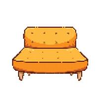 amarelo sofá sofá assentos com não braço descansar. pixel mordeu retro jogos estilizado vetor ilustração mobília desenho. simples plano interior obra de arte.