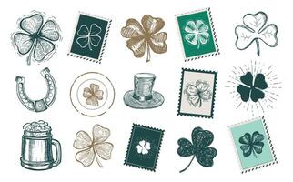 st. patrick's dia definir, selos, correspondência, cartão postal, mão desenhado ilustrações vetor