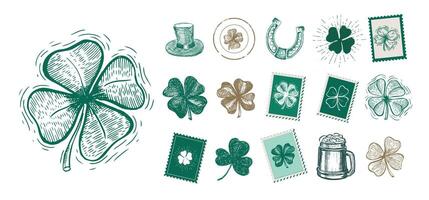 st. patrick's dia definir, selos, correspondência, cartão postal, mão desenhado ilustrações vetor