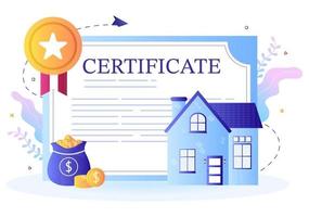 Certificado de propriedade para contrato imobiliário, manutenção predial e contrato de compra e venda de casa com selo de carimbo ou licença. ilustração vetorial de fundo vetor