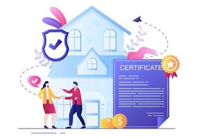 Certificado de propriedade para contrato imobiliário, manutenção predial e contrato de compra e venda de casa com selo de carimbo ou licença. ilustração vetorial de fundo vetor