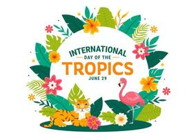 internacional dia do a trópicos vetor ilustração em 29 Junho com animal, Relva e flor plantas para preservar trópico dentro natureza plano fundo