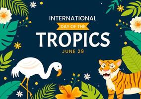 internacional dia do a trópicos vetor ilustração em 29 Junho com animal, Relva e flor plantas para preservar trópico dentro natureza plano fundo