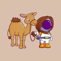 uma astronauta e uma camelo viajando dentro a deserto caravana vetor