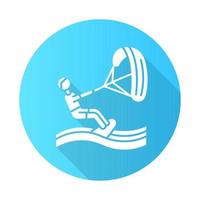 ícone de glifo sombra longa kiteboarding design plano azul. esportes aquáticos, tipo de esporte radical. pegando ondas e força do vento. Lazer de praia arriscado e aventureiro. Ilustração da silhueta do vetor