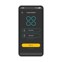 Modelo de página de smartphone de plataforma de negociação de criptomoeda. login da conta do crypto market. layout do design da interface do aplicativo móvel. login, tela de inscrição. aplicativo de interface do usuário plana. registro do usuário vetor