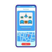 modelo de vetor de interface de smartphone de app imobiliário. layout de design azul de página móvel de pesquisa de apartamento. caça de casa, tela do aplicativo realty. flat ui. anúncio de propriedade, mapa de localização display do telefone