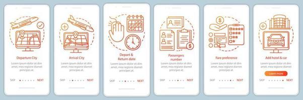 avião viajando modelo de vetor de tela de página de aplicativo móvel onboarding laranja. bilhete de passageiro, partida. passo a passo do site com ilustrações lineares. conceito de interface de smartphone ux, ui, gui