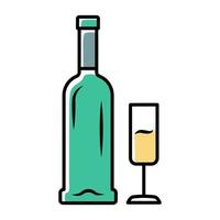 Abra a garrafa e a taça de ícone de champanhe. serviço de vinho. vinho espumante. aperitivo, bebida alcoólica, bebida. bar, vidro do restaurante, adega, copo de vinho. ilustração vetorial isolada vetor