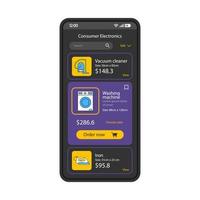 modelo de vetor de interface de smartphone de eletrônicos de consumo. layout de design preto do aplicativo móvel. tela da página de eletrodomésticos. aplicativo de compras ui plana. catálogo de dispositivos domésticos na tela do telefone
