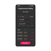 bitcoin trading modelo de vetor de interface de smartphone. layout de design em preto da página do aplicativo móvel. tela de conta de usuário de criptomoeda. interface do usuário plana para aplicação. venda, compra e troca do display do telefone btc