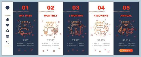 inscrição em academias de ginástica onboarding telas de aplicativos móveis com preços de serviço. modelos de site passo a passo. etapas dos planos tarifários dos centros de saúde. exercícios, taxas de treinamentos de fitness, taxas. paget da web de pagamento para smartphone vetor