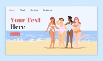 modelo de vetor de página de aterrissagem positiva do corpo. ideia de interface de site de lazer marinho com ilustrações planas. senhoras sorridentes no layout da página inicial de maiôs. banner da web da praia do mar, conceito dos desenhos animados da página da web