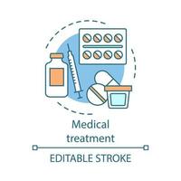 ícone do conceito de tratamento médico. medicamentos ideia ilustração de linha fina. ajuda aos doentes. comprimidos, xarope, injeções. prescrição de medicamentos. terapia. desenho de contorno isolado do vetor. curso editável vetor