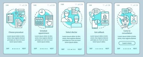 modelo de vetor de tela de página de aplicativo móvel de nomeação de centro de clínica. selecione o médico. cronograma. passo a passo do site com ilustrações lineares. conceito de interface de smartphone ux, ui, gui