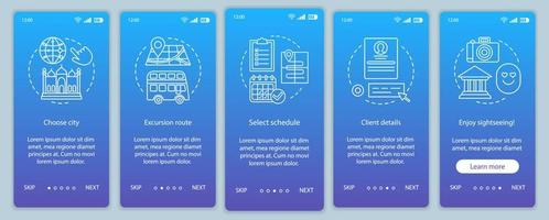 excursão onboarding modelo de vetor de tela de página de aplicativo móvel. evento de rota turística. turismo na cidade. passo a passo do site com ilustrações lineares. conceito de interface de smartphone ux, ui, gui