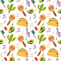 mexicano Comida música, fundo com mexicano motivos, tradições e mexicano Comida. mexicano padrão, desatado abacate padrão, maracás, cacto, bandeira, e tacos. vetor