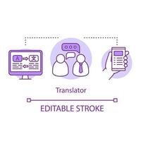 ícone do conceito de serviços de tradução. carreira de tradutor, ilustração de linha fina de ideia de profissão. interpretação escrita e falada em língua estrangeira. desenho de contorno isolado do vetor. curso editável vetor