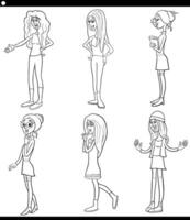 desenho animado jovem mulher engraçado personagens conjunto coloração página vetor