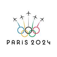 verão Jogos Olímpicos logotipo com mostrar voltas. Paris 2024. aviões com colori fumaça. internacional multi-desportivo evento. vetor ilustração isolado em branco