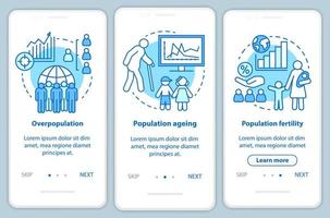 população onboarding modelo de vetor de tela de página de aplicativo móvel. superpopulação, fertilidade da população. passo a passo do site com ilustrações lineares. conceito de interface de smartphone ux, ui, gui