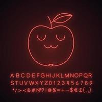 personagem de luz neon kawaii de maçã fofo. frutas com rosto sorridente. comida feliz. emoji engraçado, emoticon, sorriso. ícone brilhante com alfabeto, números, símbolos. ilustração isolada do vetor