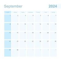 2024 setembro parede planejador dentro azul cor, semana começa em Domingo. vetor