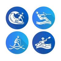 esportes aquáticos design plano conjunto de ícones de glifo de sombra longa. surf, esqui aquático, rafting e sup boarding. esportes radicais. férias de verão, lazer, aventuras. ilustração da silhueta do vetor