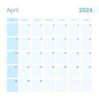 2024 abril parede planejador dentro azul cor, semana começa em Domingo. vetor